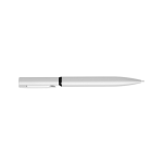 A metal pen in sleek silver with a black grip and clip, featuring a branding logo.