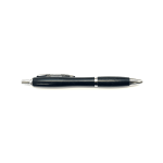 A black pen with a sleek design, featuring a silver tip and clip, and a logo near the grip.