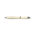 A plastic pen in a light cream colour with a speckled texture and metallic accents. It features a logo.