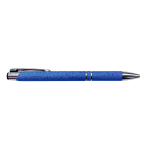 A blue pen with a textured finish and silver accents, featuring a clip and a branding logo.