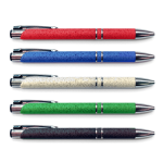 A collection of slimline pens in red, blue, beige, green, and brown, featuring silver accents and a branding logo.