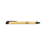 A slimline pen in wheat straw with a black tip and clip, featuring a branding logo.