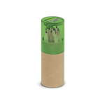 A mini pencil tube with a green lid containing coloured pencils and a sharpener, with a brown base.