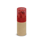 A pencil tube containing red coloured pencils with a sharpener on top, featuring a clear red lid and a brown base.