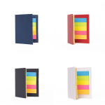 A sticky note book in four colours: navy blue, red, black, and white, each with vibrant paper in various pastel shades.
