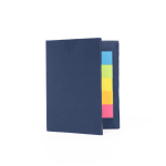 A navy sticky note book featuring colourful sticky notes in pink, yellow, green, and blue. It has a simple design.