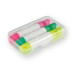 Three-piece wax highlighter set in a clear case; features pink, yellow, and green highlighters.