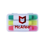A plastic case containing three wax highlighters in green, yellow, and pink, with branding on the lid.
