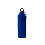 A drink bottle in a vibrant blue colour with a silver carabiner and a sleek design. It has a logo on the surface.