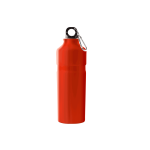 A drink bottle in bright red with a black top and a silver clip. It features a logo on the side.