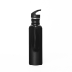 A drink bottle in sleek black, featuring a sporty lid and a simple design. It has a branding logo.
