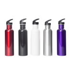 A drink bottle collection featuring red, black, white, silver, and purple options, all with black caps and a logo.