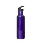 A drink bottle in a vibrant purple colour with a black, flip-top lid and a sleek design. It has a logo.