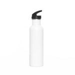 A drink bottle in white with a black spout, designed for hydration, featuring a sleek, modern shape.