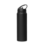 A drink bottle made of black aluminium, featuring a straw and a lid with a handle, suitable for various beverages.