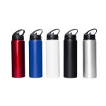 A drink bottle collection featuring red, blue, white, black, and silver aluminium bottles with straws and black lids.