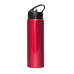A drink bottle in bright red aluminium, featuring a black straw and a handle for easy carrying.