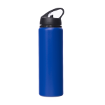 A drink bottle in blue with a black lid and straw, featuring a logo on the side.