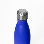 A drink bottle in bright blue with a stainless steel lid and a logo on the side.