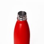 A drink bottle featuring a sleek red design and a stainless steel lid. It includes a logo on the body.