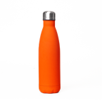 A drink bottle in vibrant orange with a steel lid and a smooth finish, featuring a logo.