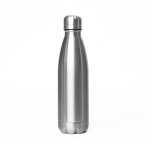 A drink bottle made of stainless steel with a sleek, shiny finish, featuring a steel lid and a rounded base.