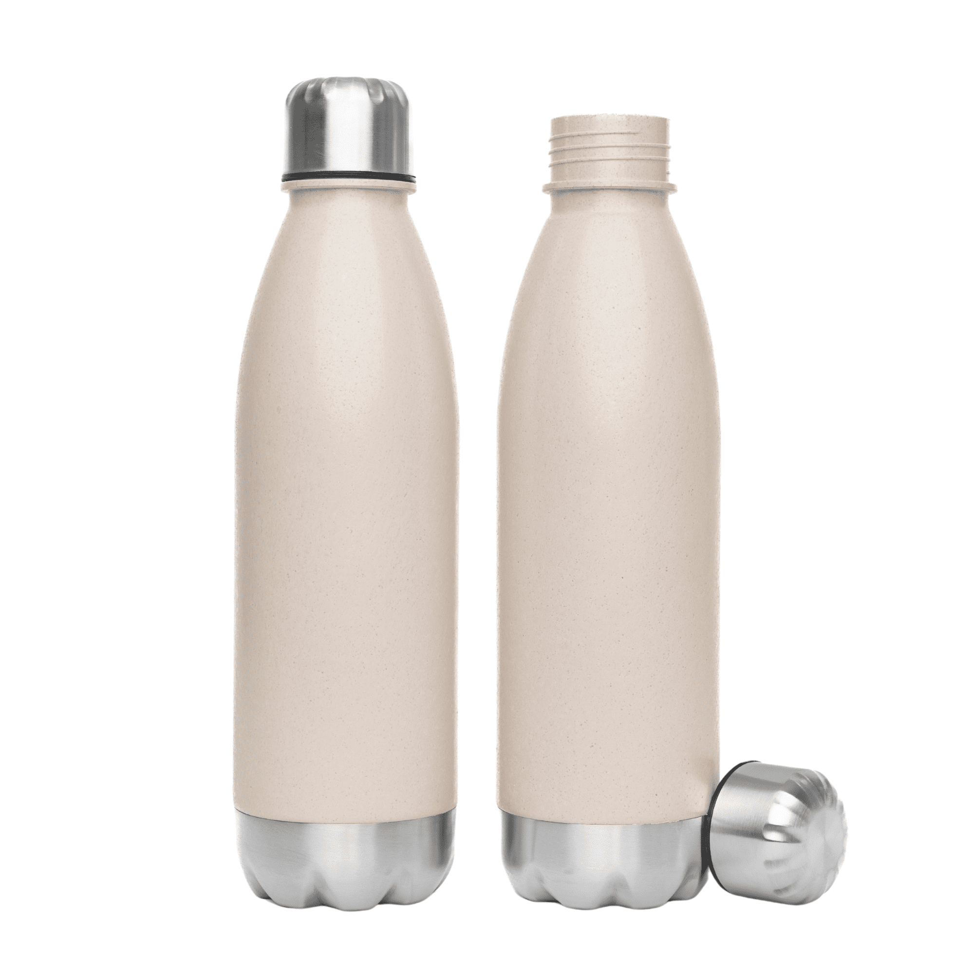 A drink bottle in beige with a stainless steel base and a matching screw cap, featuring a logo on the side. A drink bottle in beige with a stainless steel base and a matching screw cap, featuring a logo on the side.