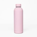 A drink bottle in a matte pink finish, featuring a double wall design and a logo.