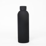 A drink bottle in matte black, featuring a sleek double wall design and a logo on its surface.