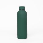 A drink bottle in matte green finish, featuring a sleek, double wall design and a logo.
