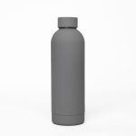 A drink bottle in a sleek matte grey finish, featuring a double wall design and a logo.