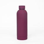 A drink bottle in a rich burgundy colour, featuring a sleek design and a logo. It has a double wall for insulation.
