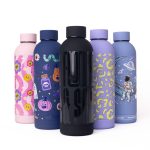 A drink bottle collection featuring vibrant designs in pink, black, purple, and blue, with a mix of patterns and logos.