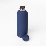 A drink bottle featuring a dark blue, double-walled design with a silver rim and a detachable lid.