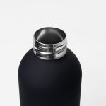 A drink bottle in matte black finish, featuring a stainless steel opening and a simple logo.