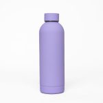 A drink bottle in a soft lavender colour with a matte finish and a logo on its side.