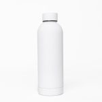 A drink bottle in white, featuring a double wall design and a rounded cap, with a logo on the front.