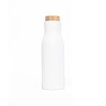 A drink bottle in matte white with a natural wood lid and a simple, sleek design. It features a logo.