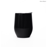 A drink bottle in gloss black with a smooth, curved design and a lid, featuring a subtle branding logo.