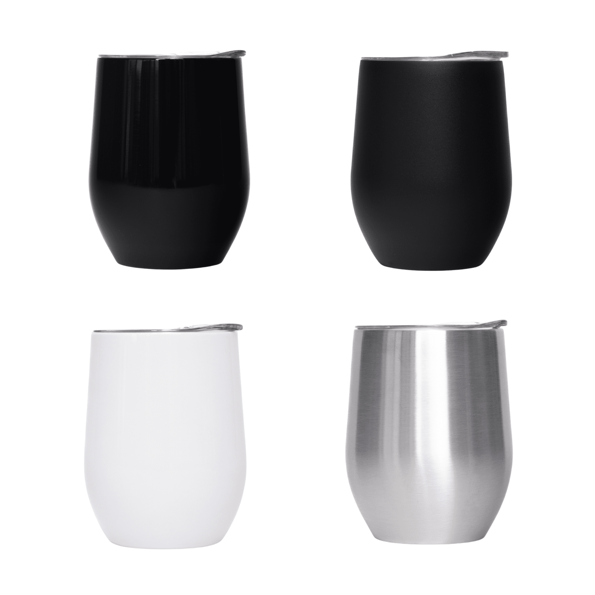 A collection of four travel mugs in black, white, and stainless steel finishes, each with a lid and contoured shape. A collection of four travel mugs in black, white, and stainless steel finishes, each with a lid and contoured shape.