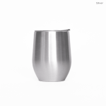 A stainless steel travel mug with a sleek, polished silver finish and a lid.