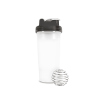 A drink bottle with a black lid and a transparent body, accompanied by a stainless steel mixing ball.