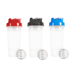 A drink bottle set featuring three 600ml protein shakers in red, black, and blue, each with a silver mixing ball.