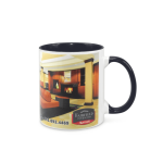 A coffee mug featuring a black handle and interior, displaying a promotional design with a logo.