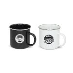 A drinking mug set featuring a black and a white enamel camping mug, both with logos.