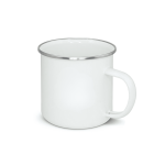 A white enamel camping mug with a silver rim and a handle, featuring a plain design without any branding.