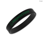 A black silicone wristband featuring a logo in green.