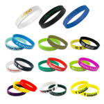 A collection of silicone wristbands in various colours, featuring different logos and text designs.
