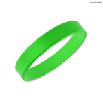 A green silicone wristband featuring a smooth finish and a unbranded design.