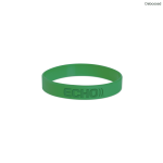 A green silicone wristband featuring a debossed logo.